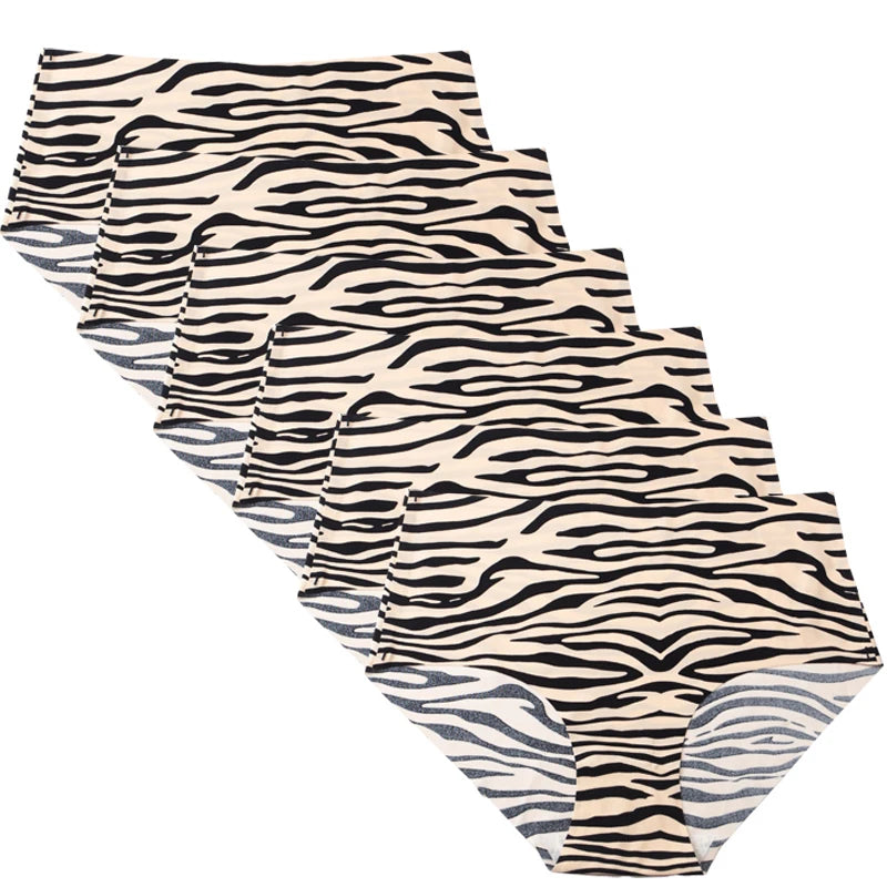 6pcs Women's Seamless Ice Silk Panties Female Mid Waist Plus Size Leopard Print Underwear Girls Fashion Brief Lady Comfort Panty