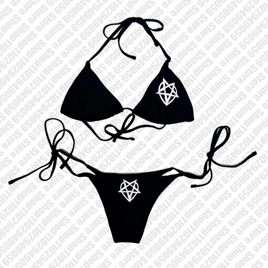 2000s Woman Punk New Beach Swimwear Emo Girls Y2k Style Gothic Grunge Swimsuit Bikini Y2K Bathing Suits Halter Strappy Lace Up