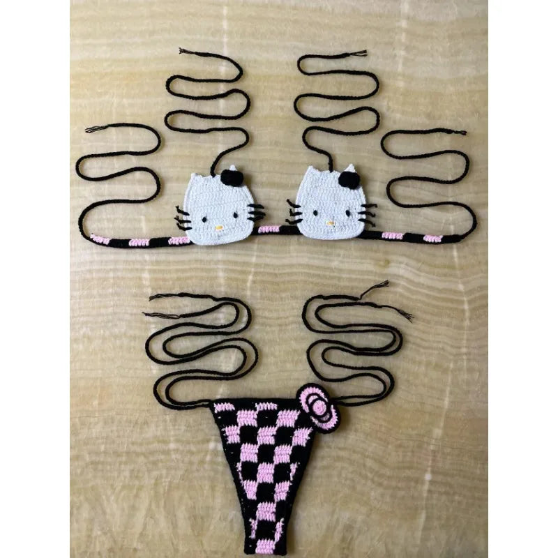 Sanrio Cute Bikini Set Crochet Girls Swimsuit Hello Kitty Sexy Bathing Suit Kwaii Women Swim Suit Bandage Micro Bikinis Swimwear