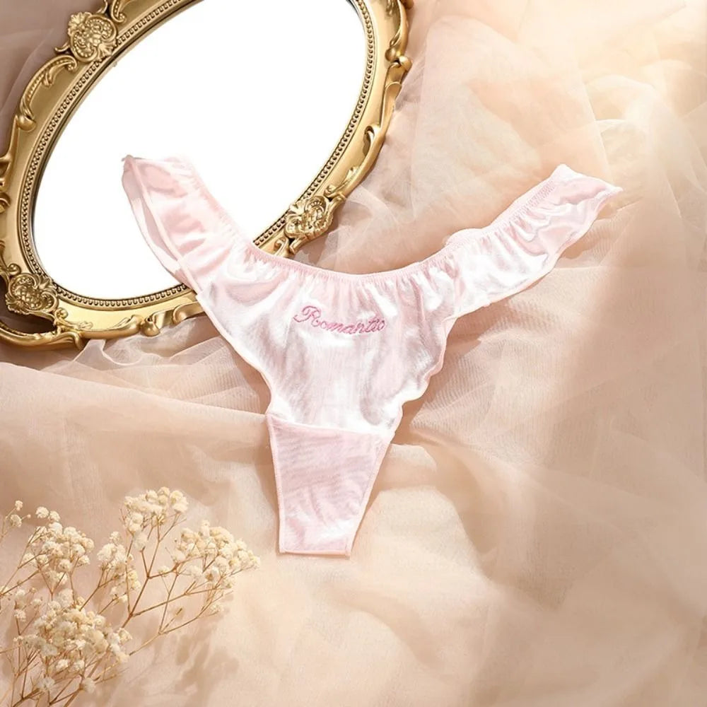 Sweet Pink Satin Silk Ruffle Thong Sexy Low Waist G-String Briefs for Women Ice Silk Underwear Female Intimates Lingerie