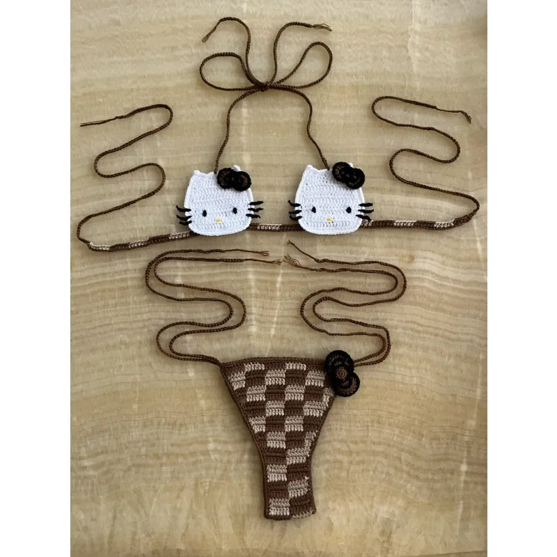 Sanrio Cute Bikini Set Crochet Girls Swimsuit Hello Kitty Sexy Bathing Suit Kwaii Women Swim Suit Bandage Micro Bikinis Swimwear