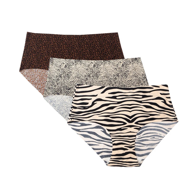 3pcs Women's Seamless Ice Silk Panties Female Mid Waist Plus Size Leopard Print Underwear Girls Fashion Brief Lady Comfort Panty