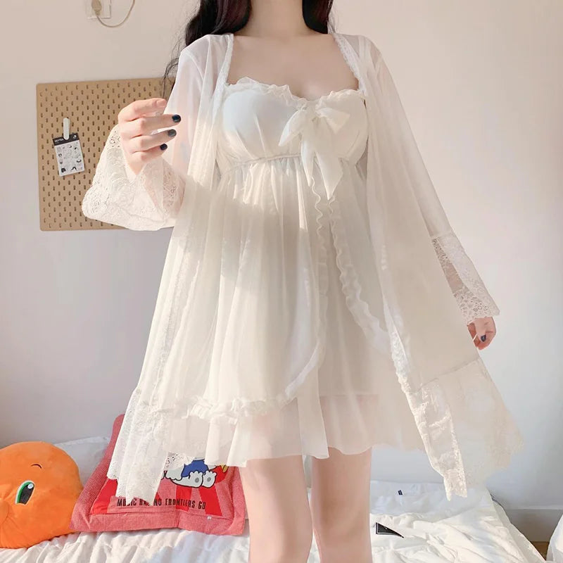 Elegant Sweet Simple Solid White Women Robe Gown Sets Chic Lace Bow Mesh Sleepwear Breathable Slim Nightdress