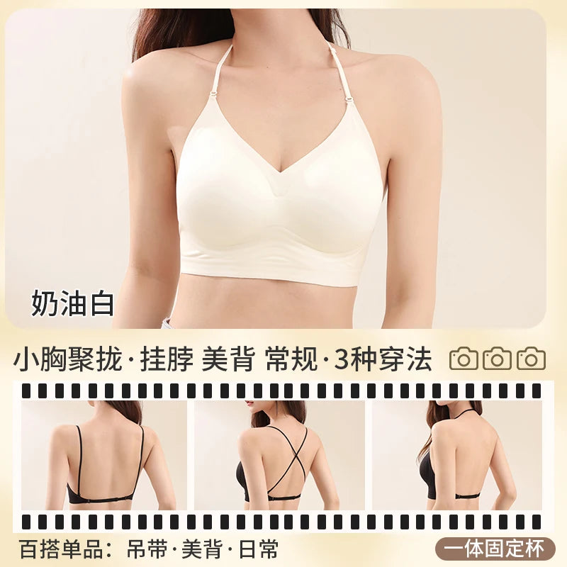American Style Backless Bra Or Women Multiway Halter Bralette Push Up Small Chest Gather Sexy Cross U Back No Underwire Seamless