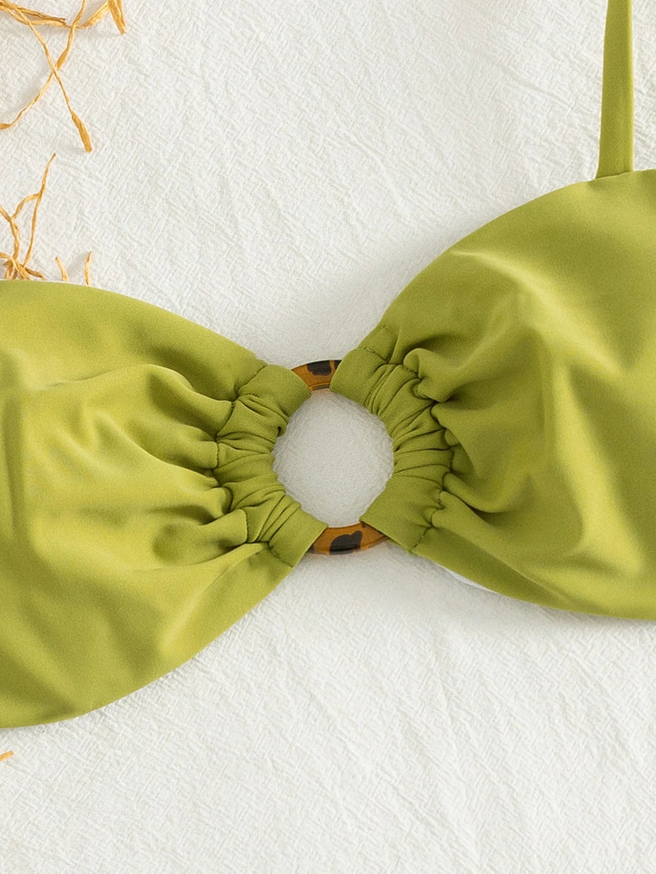 Women's Green 3 Piece Swimwear Set, Ruched Bikini Top with Metal Ring Detail and Ruffled Cover Up Skirt