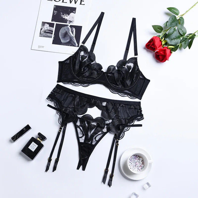 Tornova Sexy 3-piece Lace Underwear for Women Solid Color Mesh Embroidery Patchwork See-through Women's Garters Lingerie Suit
