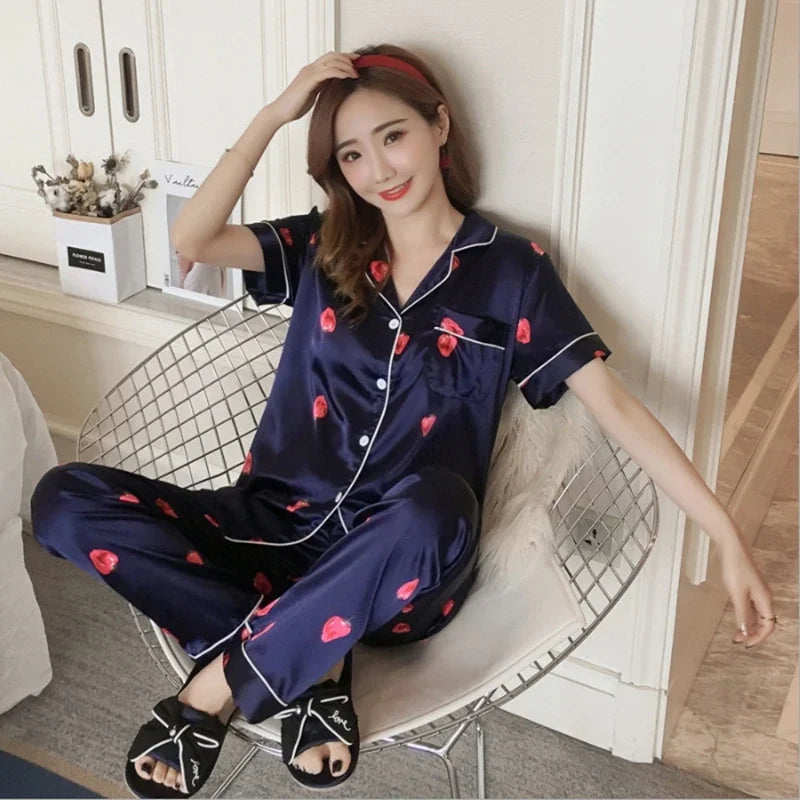 Satin Silk Pajamas Set for Women Cartoon Print Turn-down Collar Short Sleeve Top+Long Pants Matching Sets Homewear Plus Size 5XL