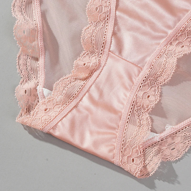 2PCS Mesh Satin Half Pack Panties Women's Ice Silk Low Rise Soft Intimates Breathable Sexy Lace Underpants Light Silky Briefs