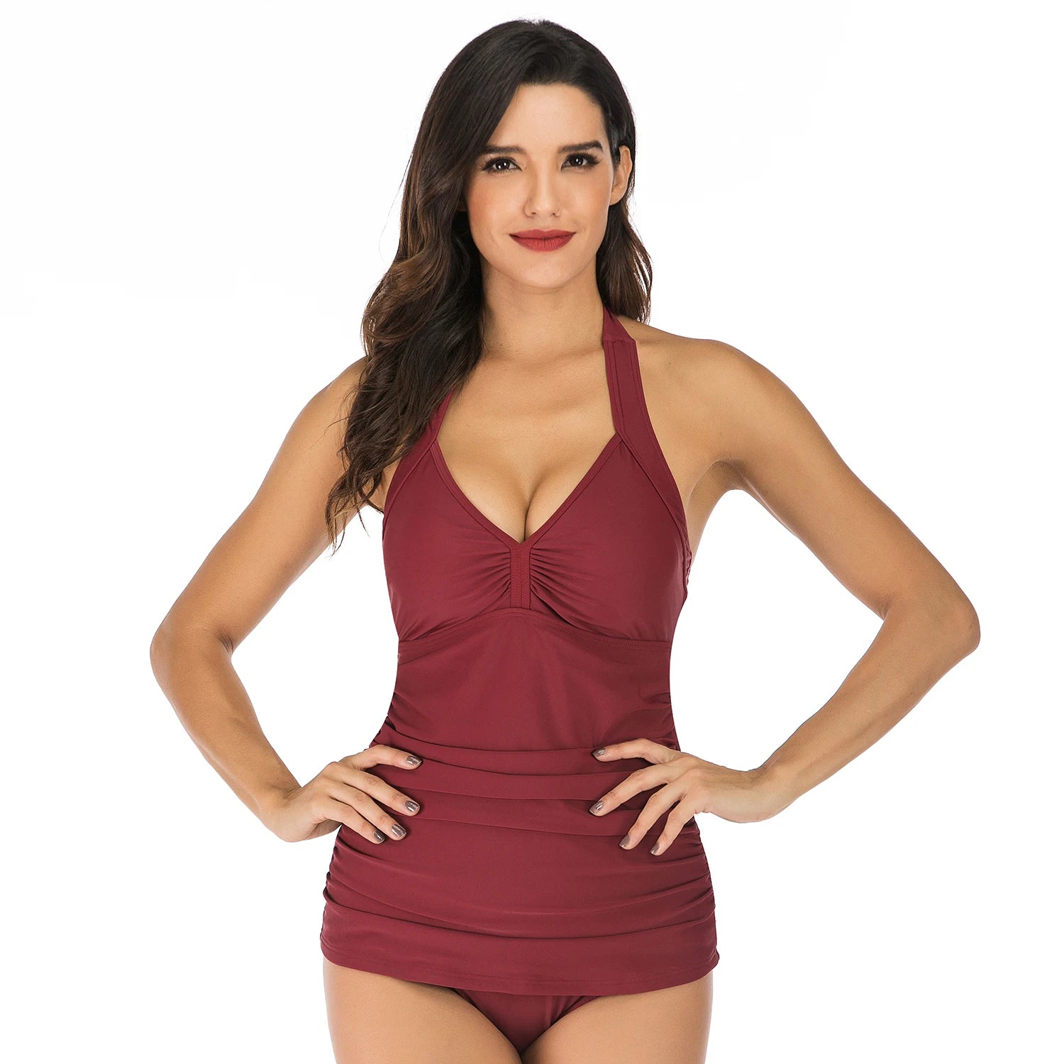 Aoylisey Women Deep V Neck Adjustable Halter Bikini Set Swimsuit Tummy Control Ruched Removable Pads Print Monokini Beachwear