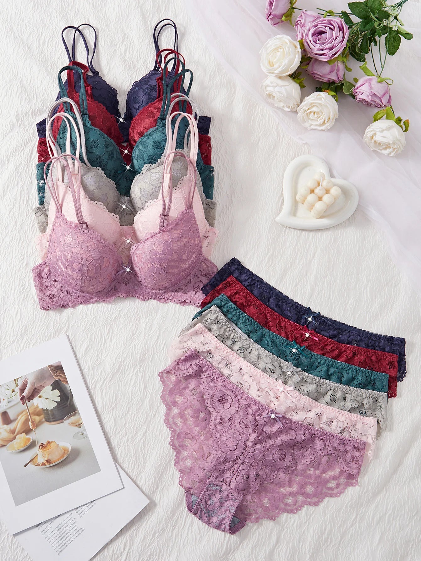 6-Piece Set Women's Bra and Panties Set Sexy Patterned Lace Patchwork No Lining Comfortable Fitting Women's Push up Bra Women's Underwear Set