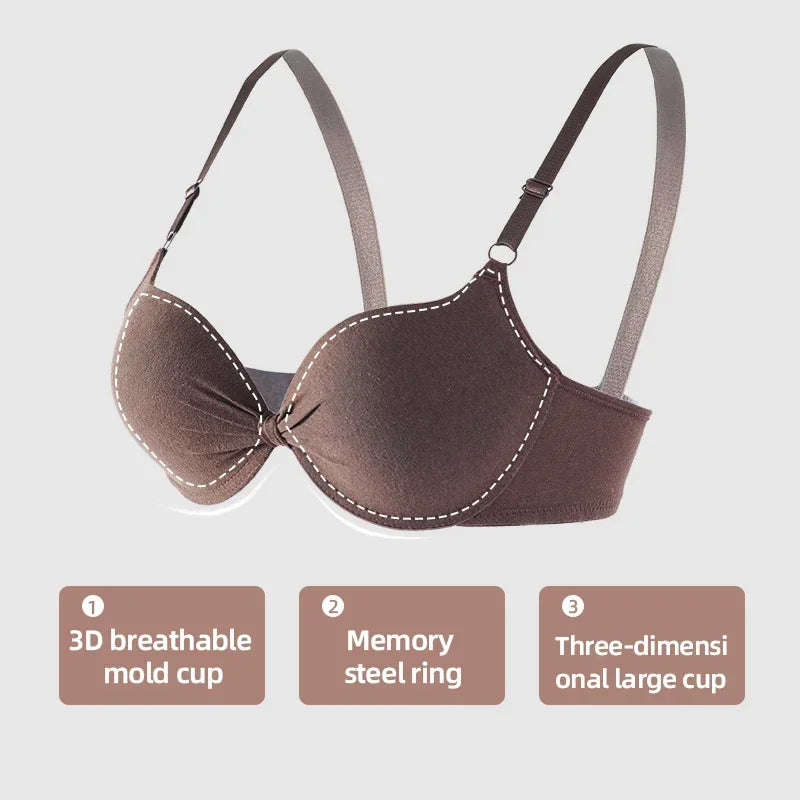 Sexy Women Cotton Gathered Bra Deep V Underwire Ladied Brassiere Push Up Lingerie Solid Bras Backless Intimate Underwear