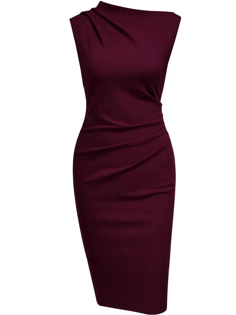 Women Sleeveless Ruched Vintage Slim Work Office Cocktail Party Knee Length Sheath Bodycon Pencil Slim Dress