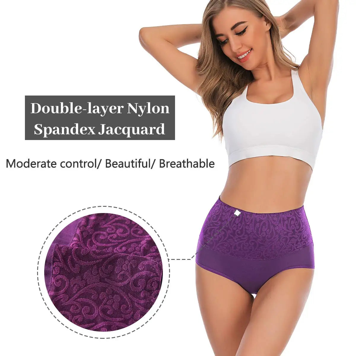 Plus Size Women's Cotton Underwear High Waisted Tummy Control Panties Full Coverage Briefs Jacquard Ladies Panty 3 Pack