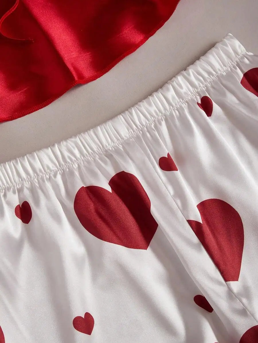 Women Satin Silk Pajamas Sets 2pcs Camisole Top With Tie Knot Heart Print Wide Leg Pants Sleepwear Ladie Sexy Lingerie Pyjamas