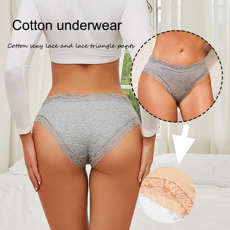 5PCS/Set Sexy Lace Cotton Panties for Women Flroal Lace Seamless Briefs Low Rise Lingerie Female Breathable Soft Underwear S-XL