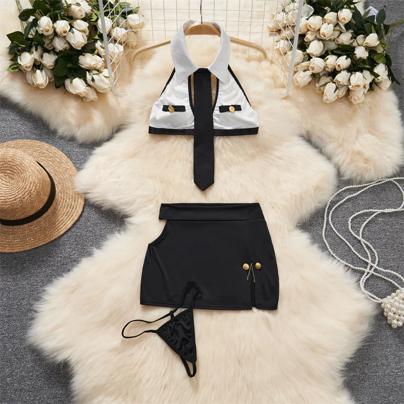 Women Strap Hollow Out Backless French Style Striped Erotic Playsuits Cosplay Slim Fit Underwear Black Lingerie Sexy Bodysuits