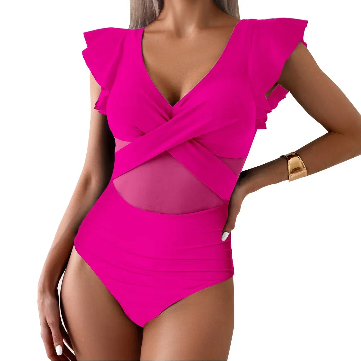 Women's Swimsuit 2024 Trend Tummy Control V Neck Sexy Bikini Ruched Bathing Suits Slim Fit Ruffle Sleeve Swimwear