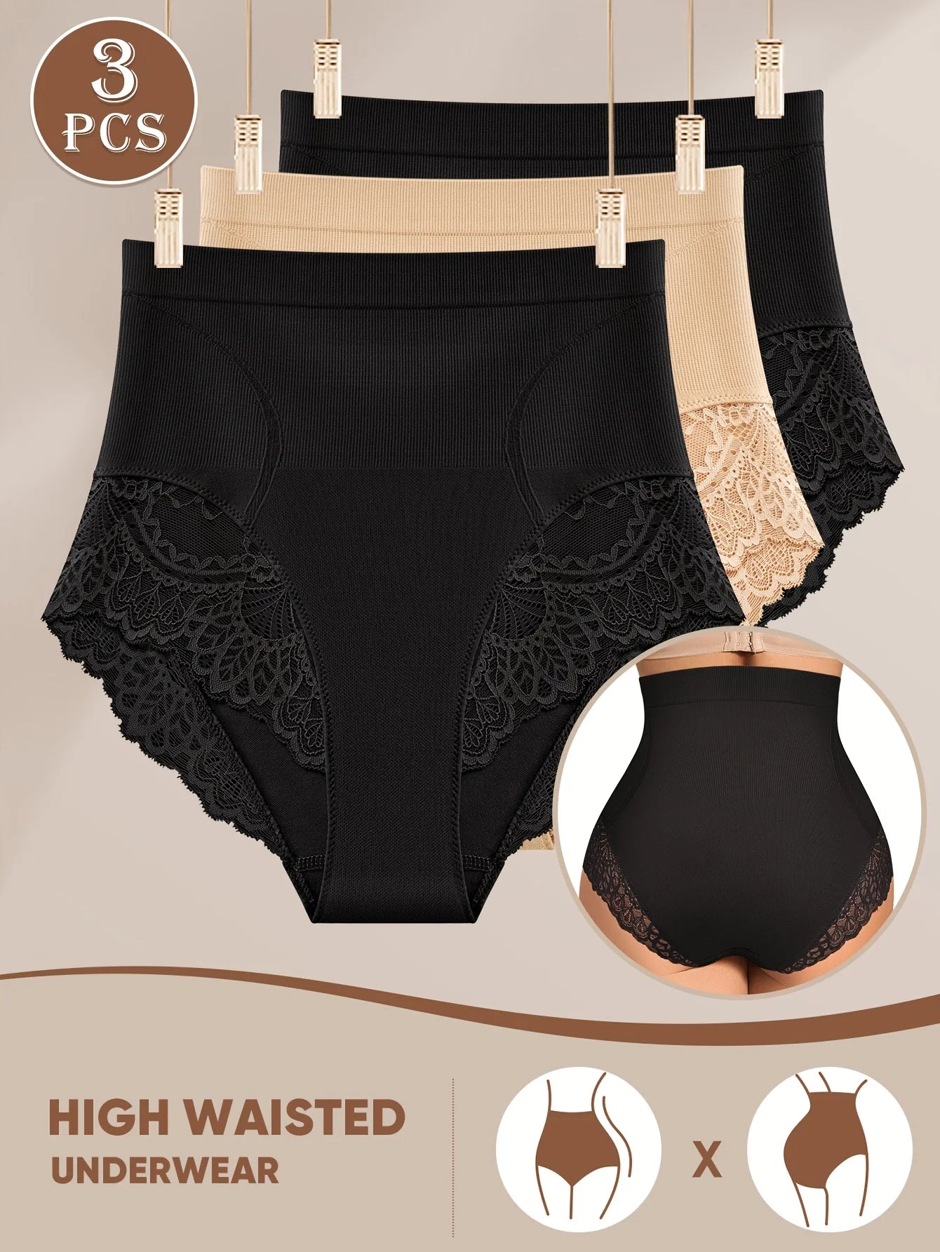 3pcs High-Waisted Tummy Control Seamless Underwear - Butt-Lifting Shapewear with Lace Trim, 3 Sizes (S-XXL) for Women,