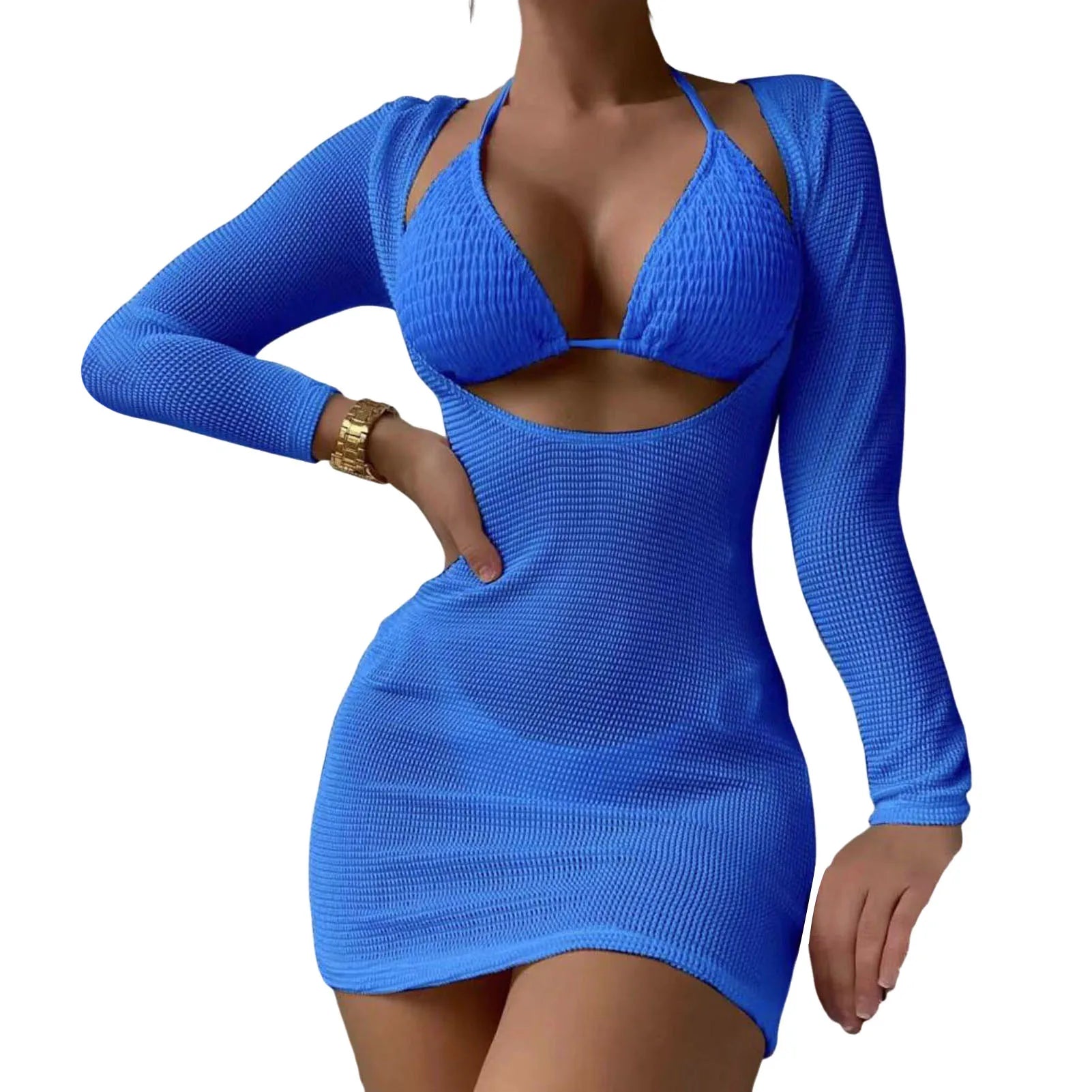 3Pcs/Set Women Bikini Set Halter Bra Lace-up Swimsuit Set With Mesh Yarn Cover Up Dress Solid Color Knitted Swimwear For Women