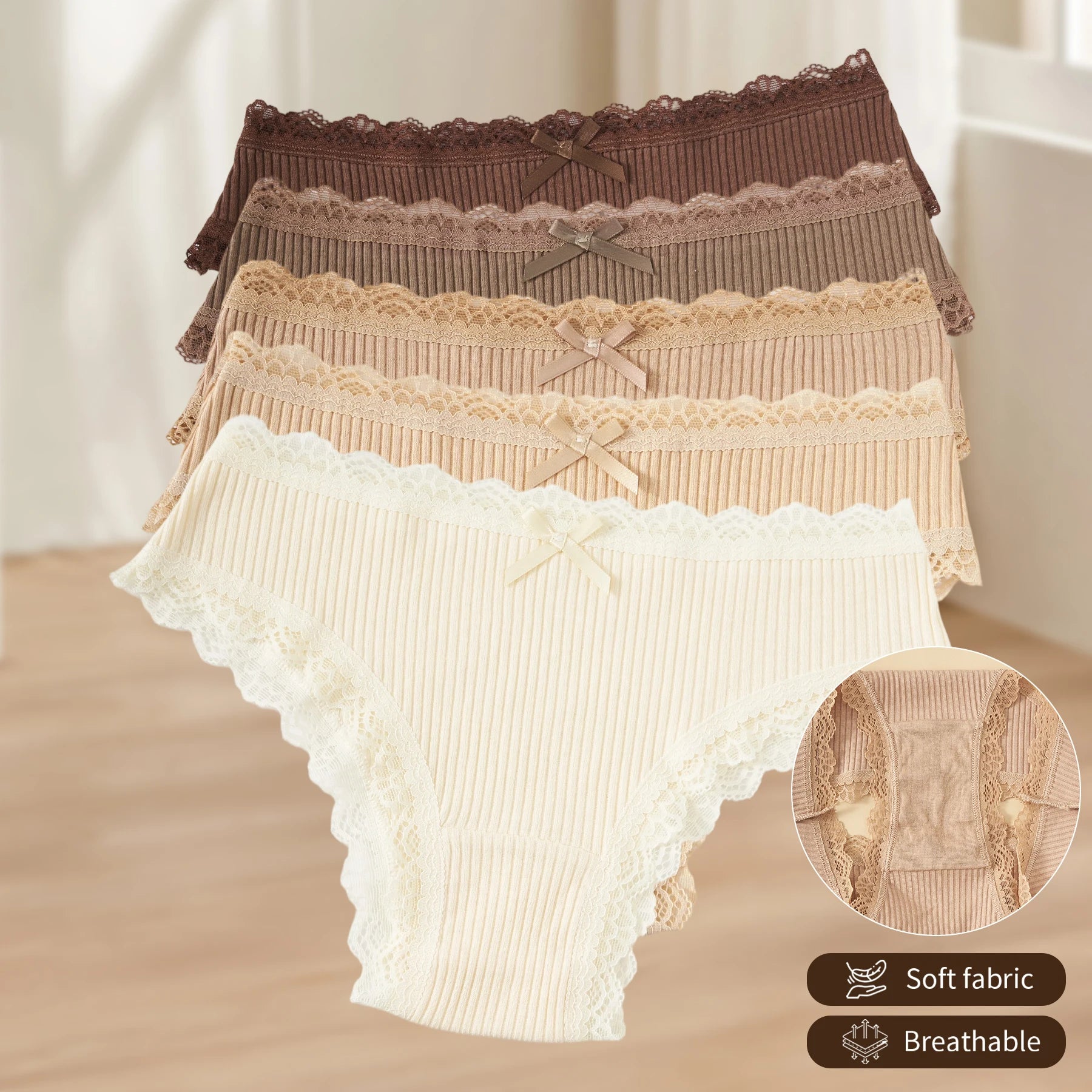 5PCS/Set Fashion Maillard Colored Women Underwear Lace Trim Low-Rise Sexy Briefs Soft Breathable Cotton Panties Bow Design Girls