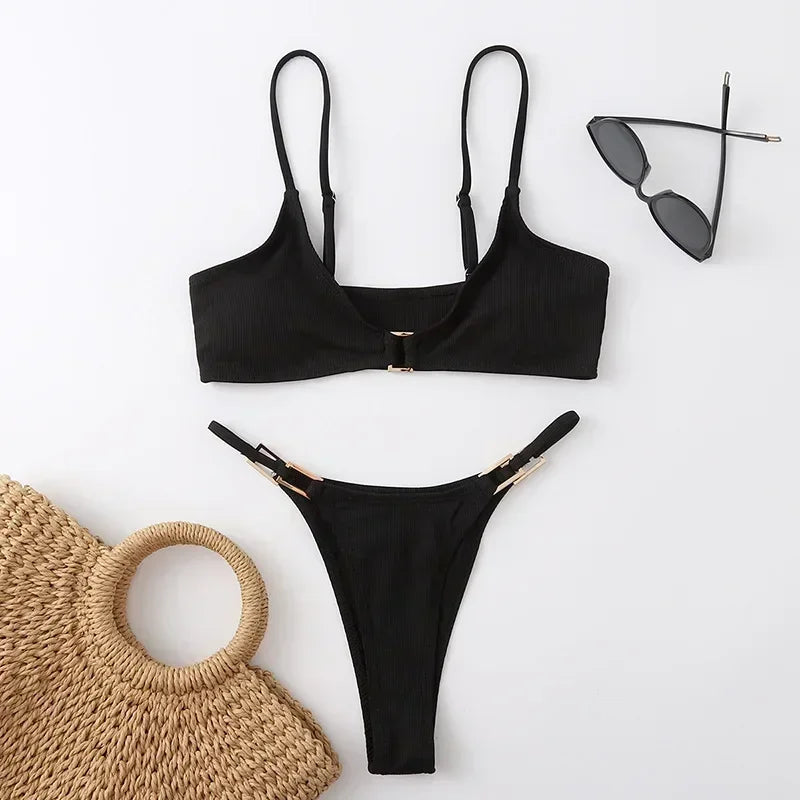 Sexy Brown Ribbed Swimwear 2026 Micro Thong Bikinis Sets Women Metal Ring Swimsuits String Bathing Suit Bikini Bathers Biquinis