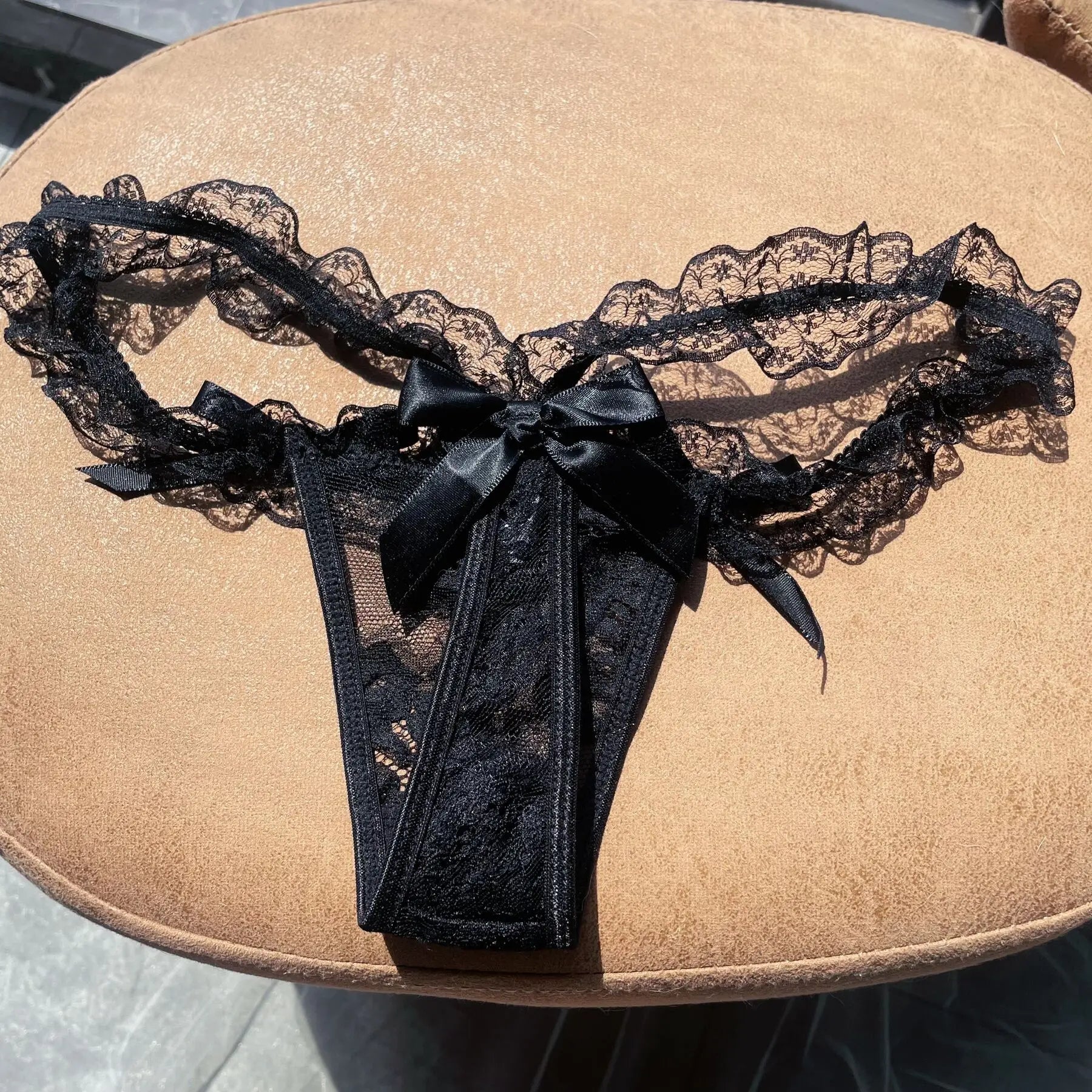 SP&CITY Exquisite Lace Ruffle Belt Sexy Thongs Transparent Mesh Underpants For Women Low Waist Cute Erotic Panties Bow Briefs