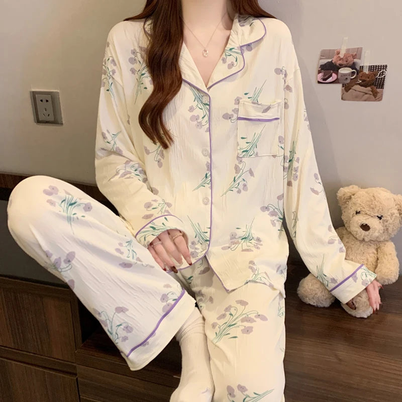 Pink Bow Tie Design Pajamas for Women Long Sleeve Top & Elastic Waist Pants Pajamas Set Harajuku Style Casual New Home Wear