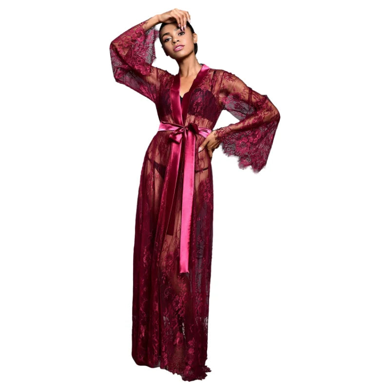 5 Color Women Sexy Lace Wedding Bride Robes Bridesmaid Gowns Sheer Kimono Bathrobe Femme Long Sleeve Nightgowns Nightdress