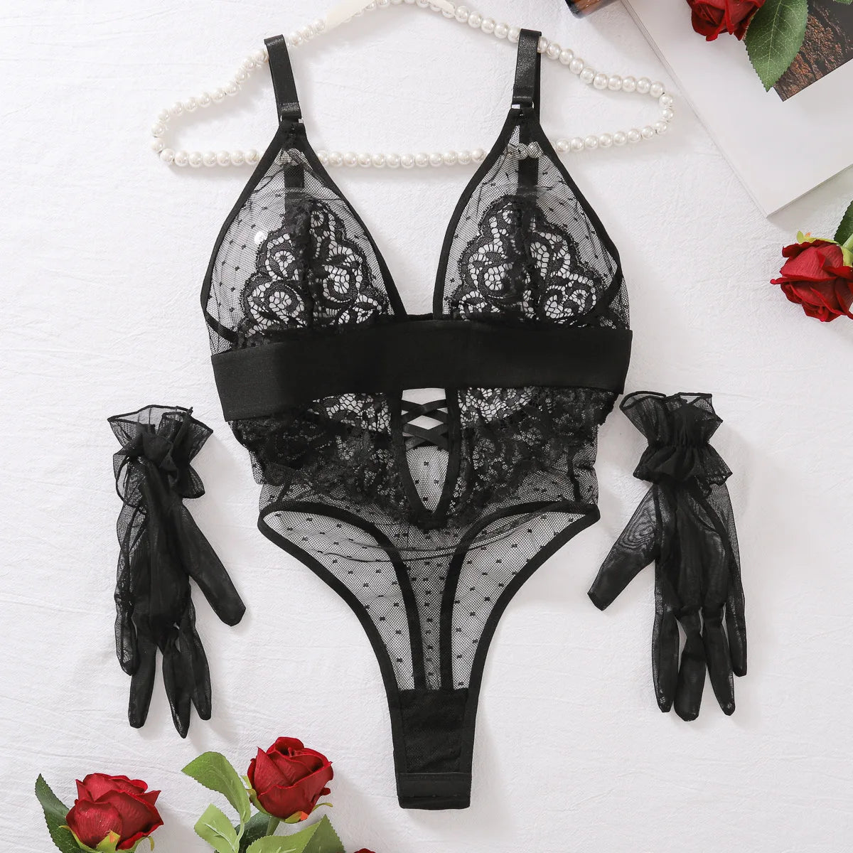 Sexy Black Bodysuit Women Skinny Wave Dot Mesh Lace Splice Lace Embroidery Underwire One Pieces Body Shaper Top Romper