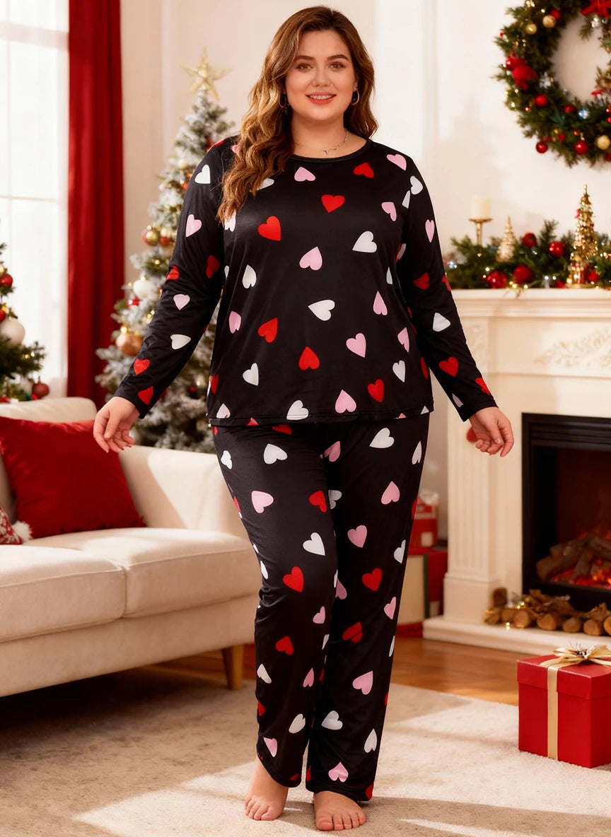 Autumn and winter plus-size women's Valentine's Day long-sleeved top with heart print + long pants pajamas home wear set