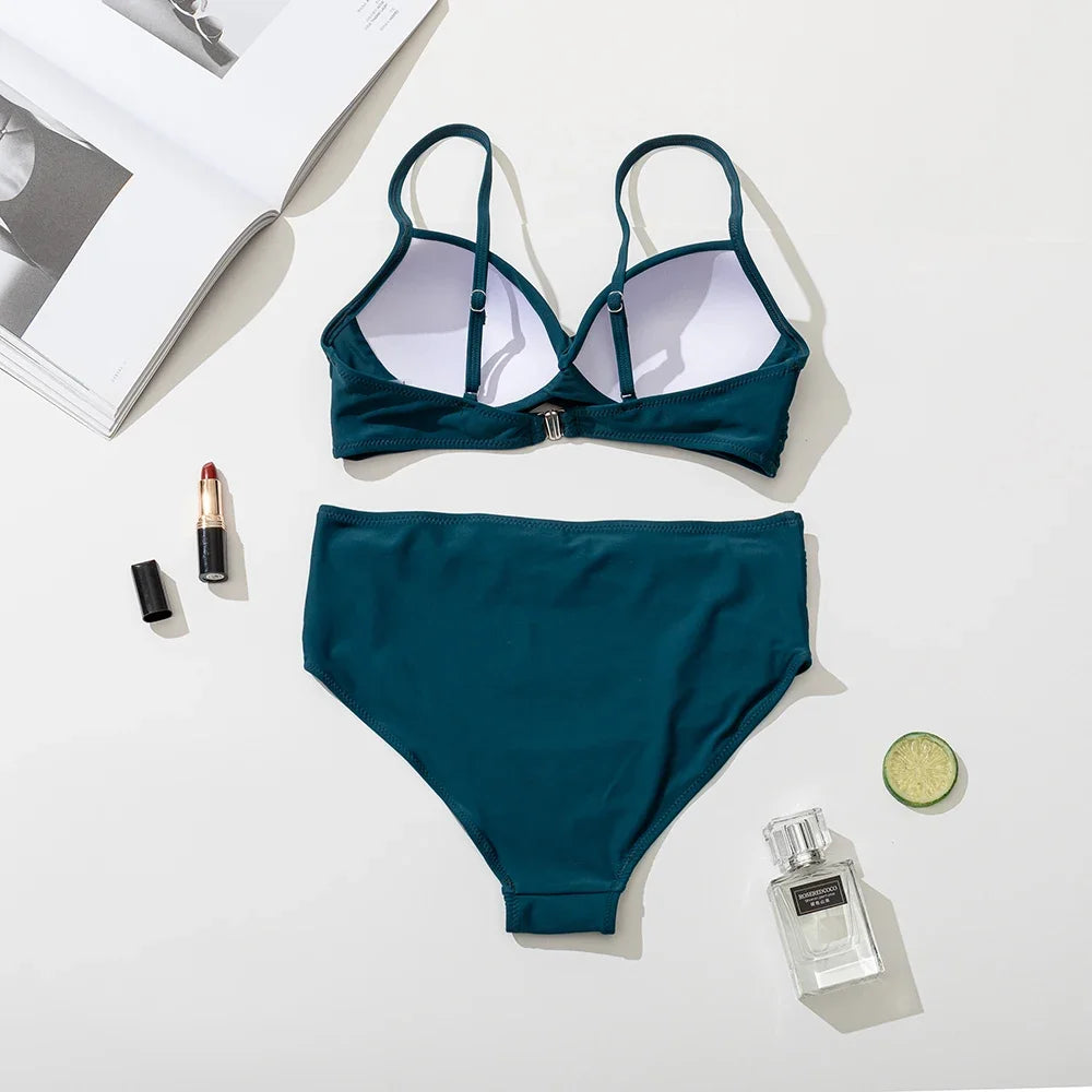 Z-LAI New High Waist Bikini 2024 Women's Sexy Swimsuit Halter Bikini Set Solid String Bathing Suit Push Up Swimwear Bodysuit