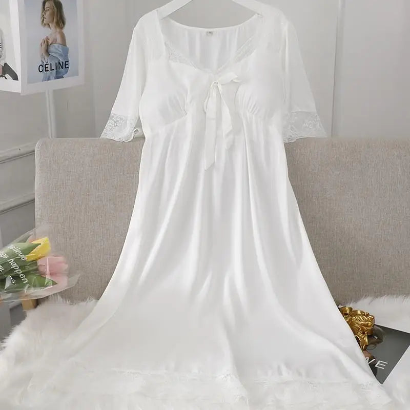 Female Long Nightdress Sexy Hollow Lace Sleepwear Home Dress Palace Style Princess Nightgown Nightwear Casual Satin Loungewear