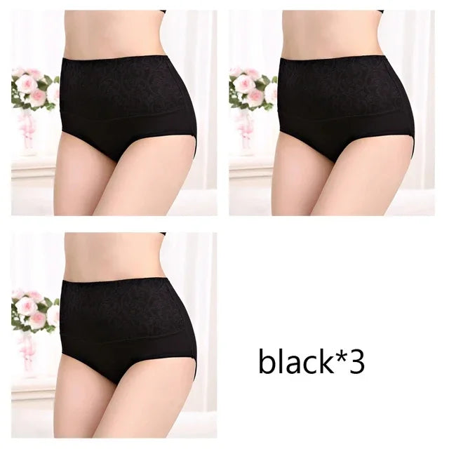 Plus Size Women's Cotton Underwear High Waisted Tummy Control Panties Full Coverage Briefs Jacquard Ladies Panty 3 Pack