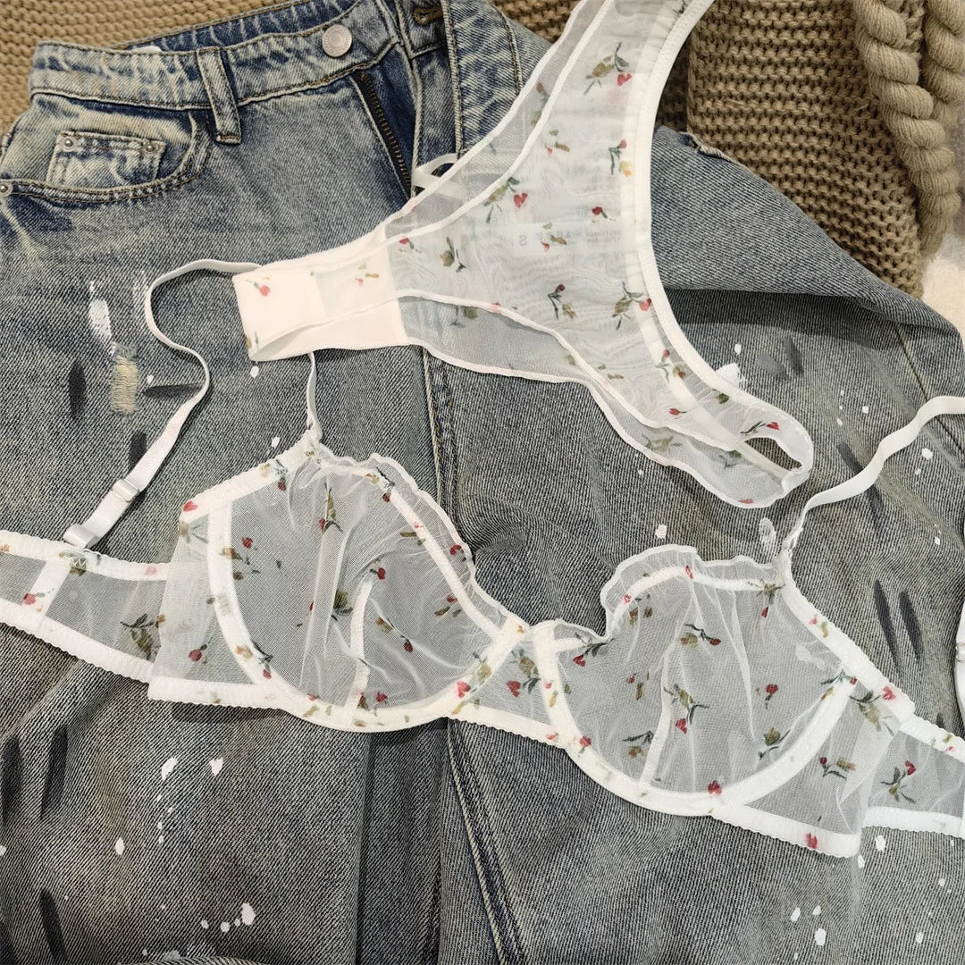 Fashion Floral Prints Women Lingerie Set Fashion Sexy Lace Bra French Ultra Thin Breathable Intimates Bralette Soft Underwear