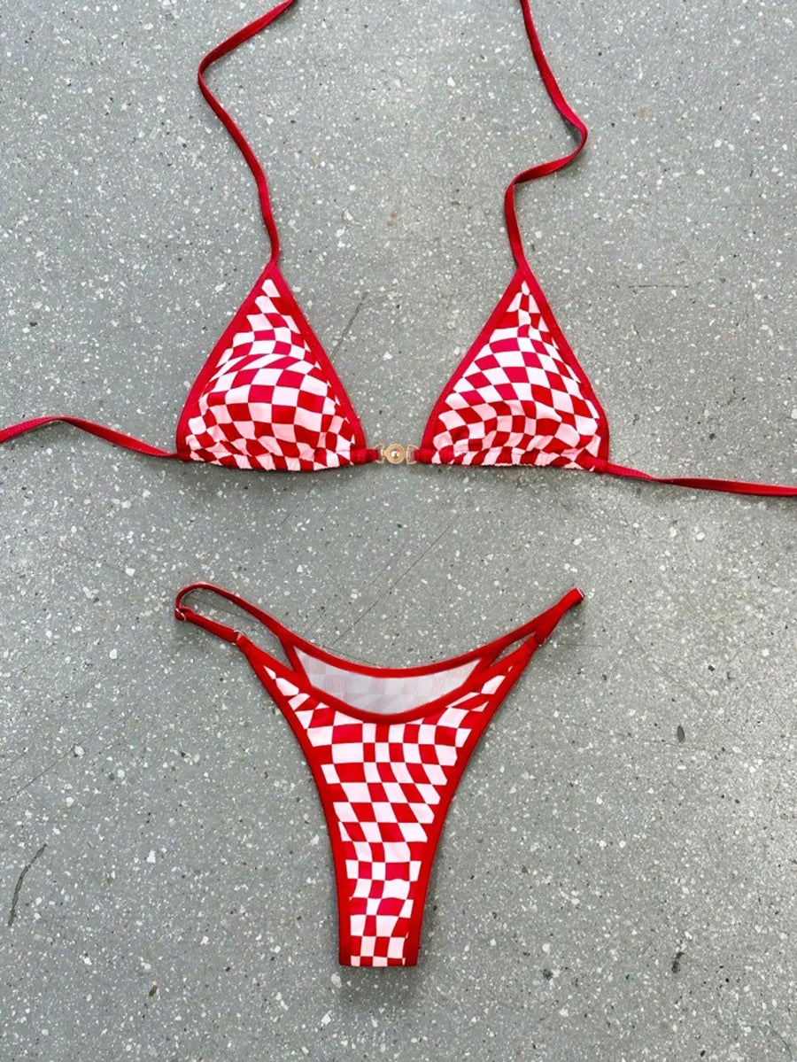 Sexy Swimsuit 2026 New Micro Bikini Women Plaid Swimwear Gold Ring High Leg Two Piece Bathing Suit Strappy Beachwear Biquini