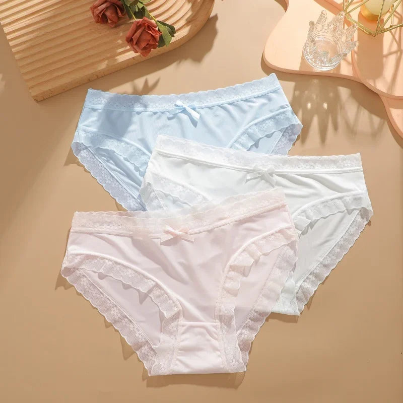 3Pcs/Set Women Ice Silk Sexy Lace Seamless Briefs Comfortable Stretchy Semi Sheer French-Cut Panties Women Underwear Breathable