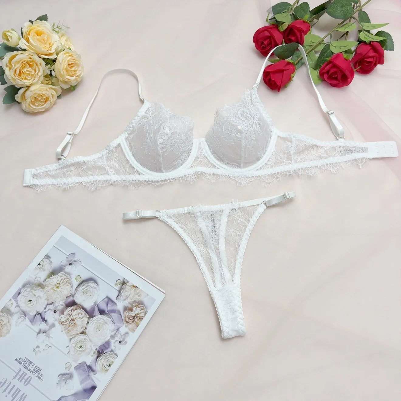 White Sheer Lace Lingerie Set Women Sexy Underwire Push-up Bra Thong Set Floral Pattern Thin Straps Romantic Elegant Underwear