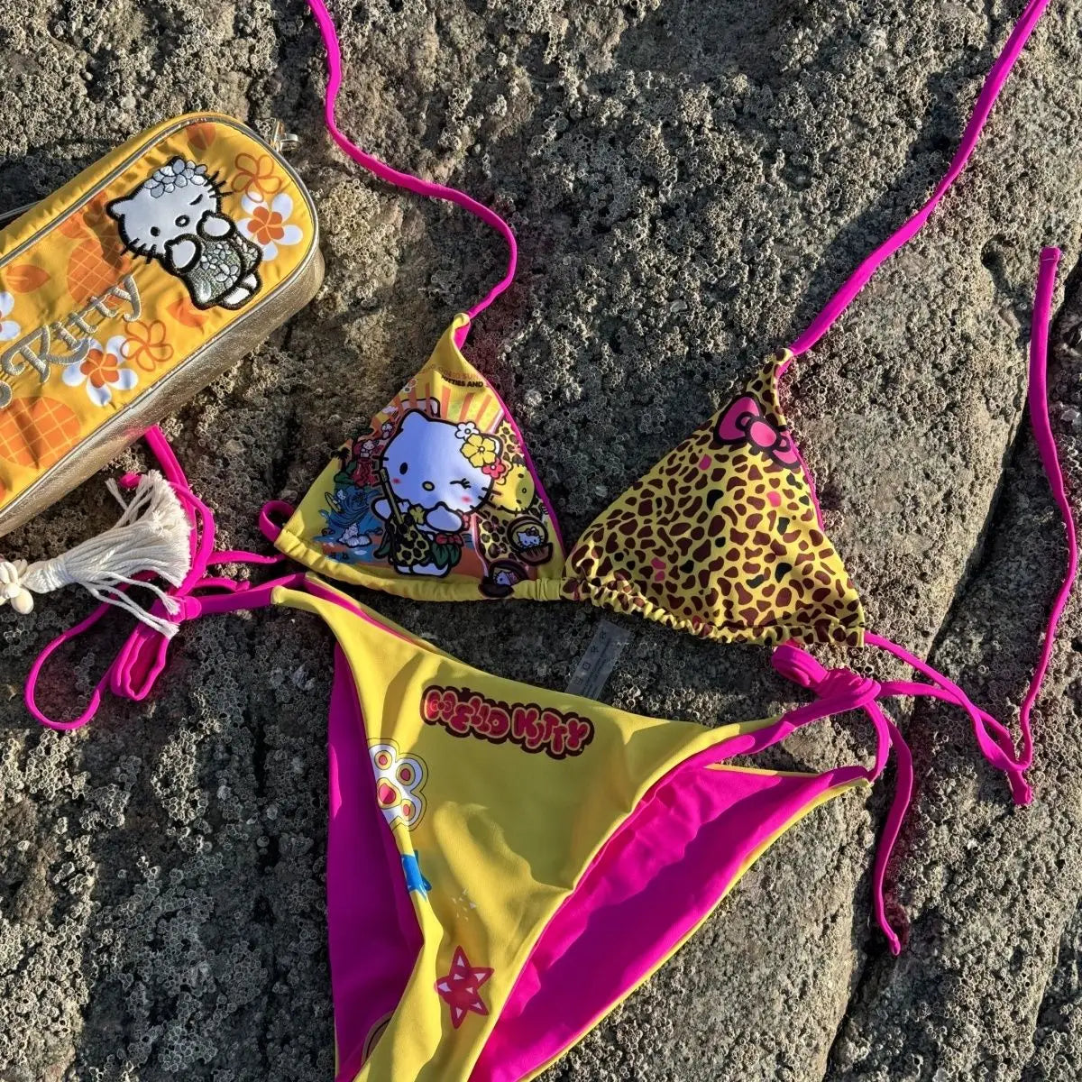 Kawaii Japanese Kitty Hot Girl Split Strap Summer Bikini Girls Seaside Fashion Resort Swimsuit Leopard Print Cartoon Hello Kitty