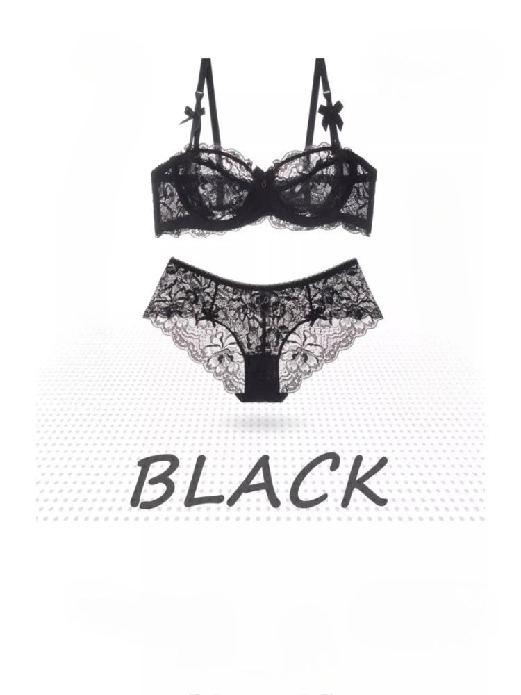 MOYISU Summer Lingerie Set Sheer French Lace Minimiser Bra Briefs Ultra Thin Sexy Women's Underwear Big Bust Sexy Tushy & Panty