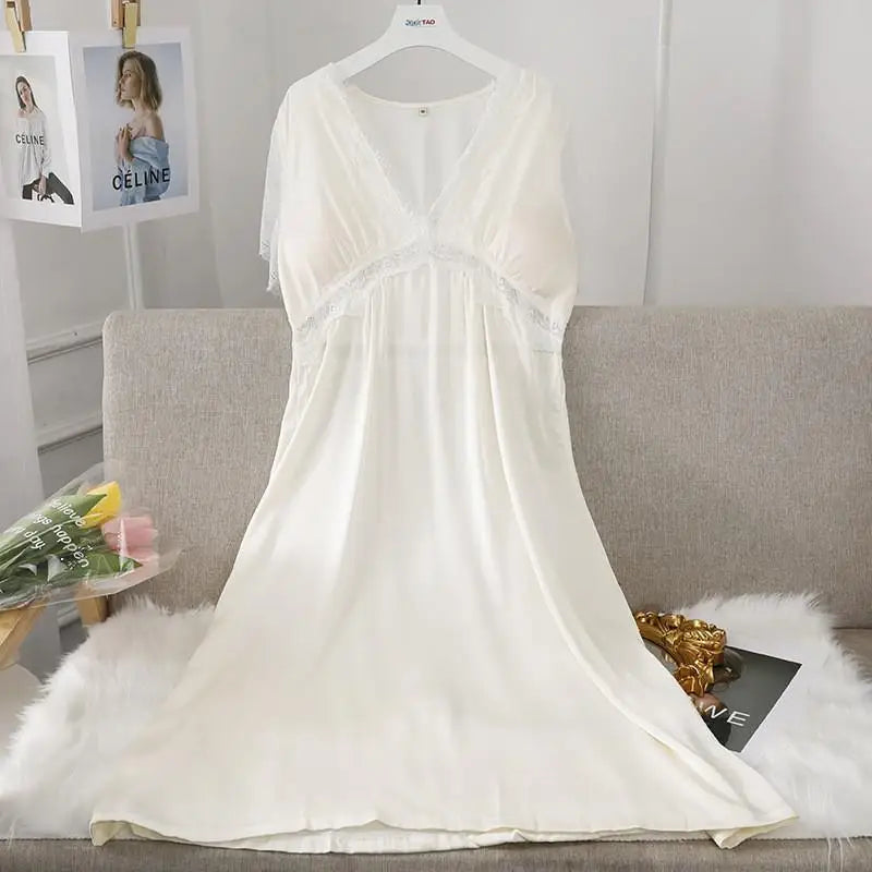 Female Long Nightdress Sexy Hollow Lace Sleepwear Home Dress Palace Style Princess Nightgown Nightwear Casual Satin Loungewear