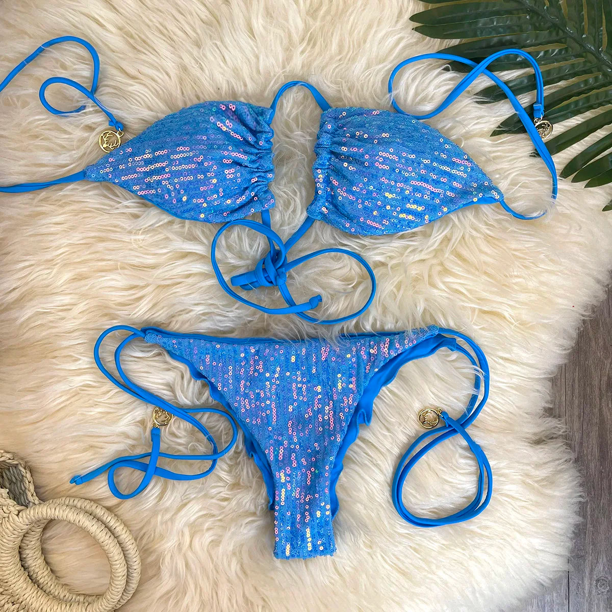 Melphieer Swim 2pcs Women's Summer Beach Holiday Ruching Bum Sequins Sparkle Glitter Plain Halter Strap Bikini Swimwear Set