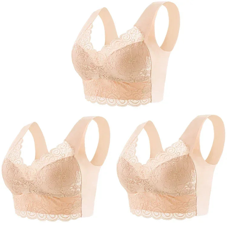 3pcs Ice Silk Seamless Lace Bra Top Support Underwear No Steel Ring Comfortable Large Size Bra Vest Bralette