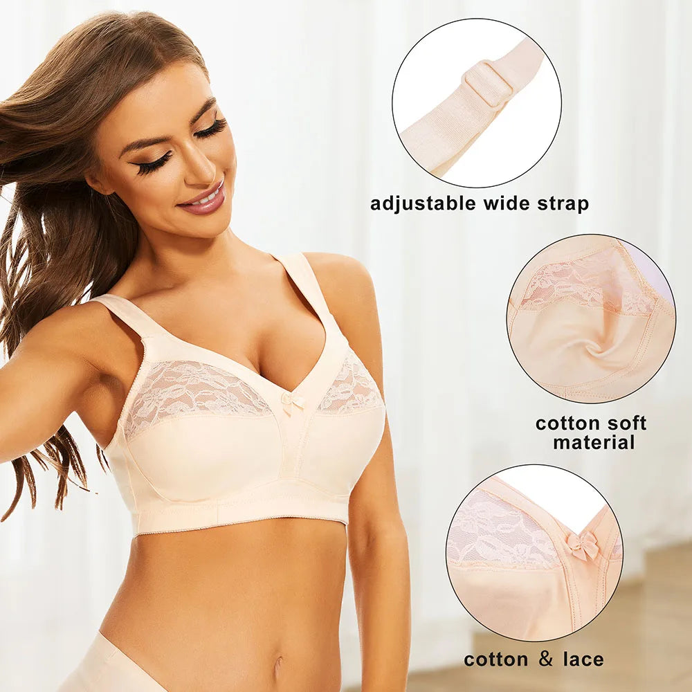 Sheroine Plus Size Wire-Free Cotton Bra Lace Floral Full Coverage Unpadded Ultrathin Soft Comfort Everyday Support for Women