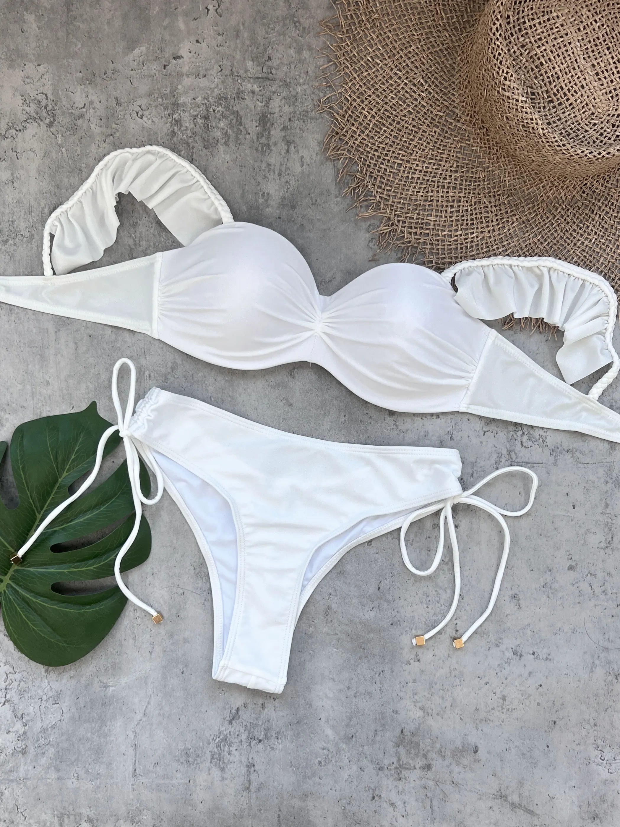 Ruffle Strappy Bikini Set for Women, Push Up Beachwear, High Waist Swimsuit, Ladies Sexy Bandage, Holiday Clothes, New, 2024