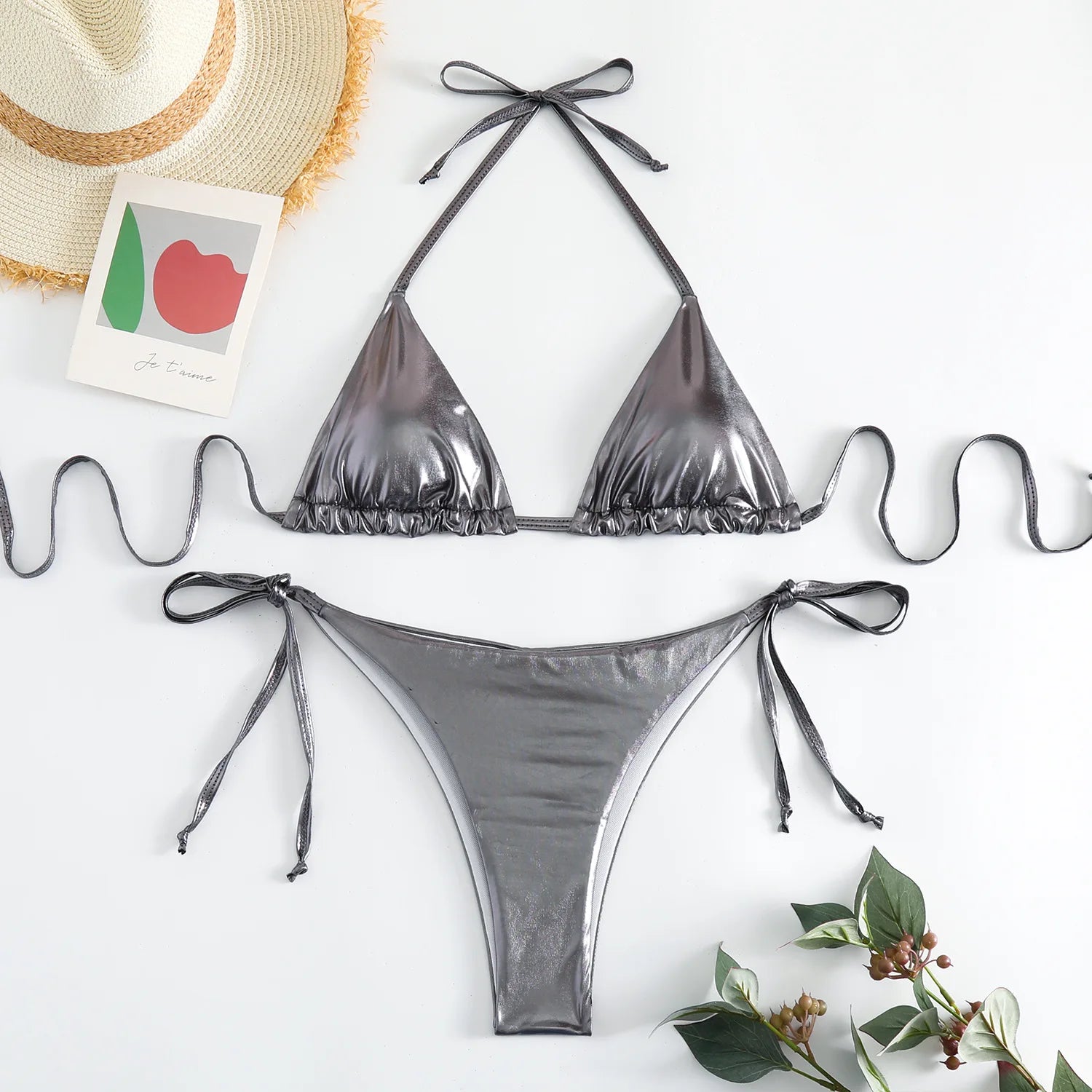sexy metallic string halter micro mini bikini sets two pieces 2024 women thong swimsuit female bathing suit swimwear biquini