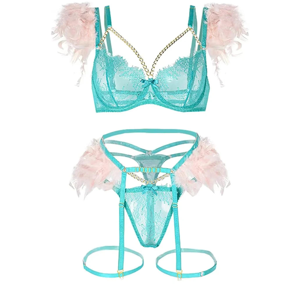 3-Piece Feather Decorated Lace Exotic Sets Women Sexy Patchwork Lingerie Set Chain Bra Panty Garter Underwear Kit For Female