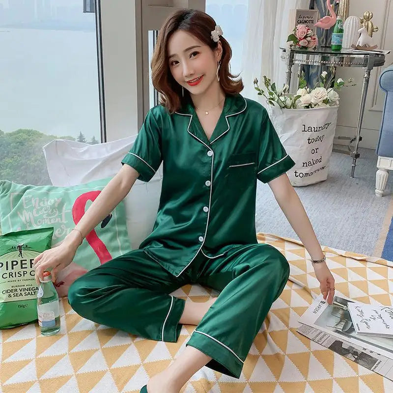 Womens Silk Satin Pajamas Pyjamas Set Long Sleeve Sleepwear Pijama Pajamas Suit Female Sleep Two Piece Set Loungewear Plus Size