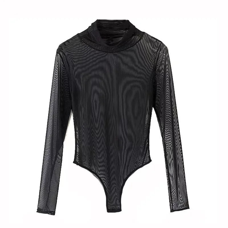 Turtleneck Long Sleeve See Through Black Red Bodysuits Club Wear Sheer Sexy Romper Shirts TOPS for Women Christmas Body Suits XL