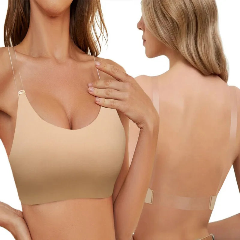 Women's Wireless Seamless Daily Bra,backless Bra with Transparent Shoulder Straps,U-shaped Thin Semi Fixed Cupback Bra,underwear