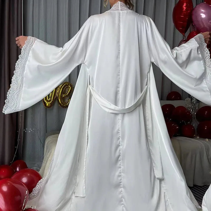 Sexy Long Solid Lace Patchwork Silk Satin Bathrobe Women Flare Sleeve Loose Court Style Nightwear Lace Trim Robes Loungewear